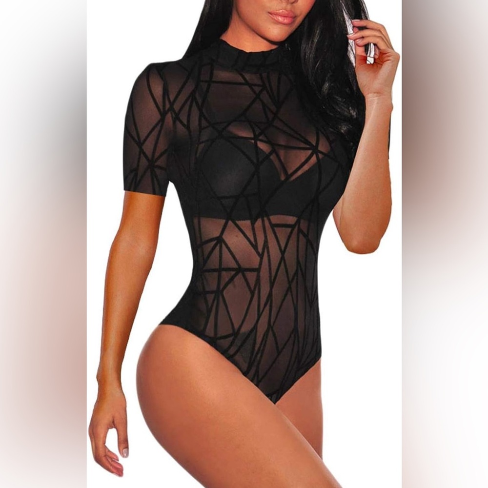 Black Geometric Mesh Bodysuit